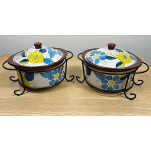 Temptations Mini Casserole Dishes‎ SET/2 Blossom Floral Lids & Wire Racks 9 oz